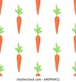 Carrots with green leaves seamless pattern. Tasty organic orange vegetable vector illustration of endless texture. Fresh plants harvest repeated structure. Vegan food in flat design cartoon style