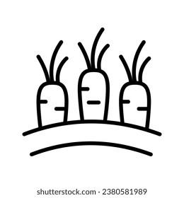 Zanahorias en el icono de la línea de tierra, concepto de jardín de granja. Carrot creciendo a partir de la señal de suelo sobre fondo blanco, icono de jardín de verduras en contorno para el diseño web móvil. Gráficos vectoriales.