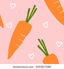 carrots hand drawn with little doodle heart on pink background color wallpaper seamless pattern 