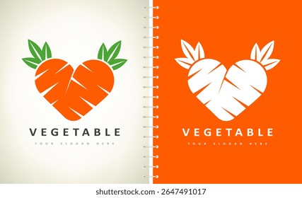 Vector del logotipo del corazón de las zanahorias. Diseño de tienda de verduras
