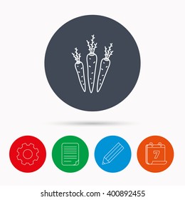 Carrots icon. Vegetarian food sign. Natural vegetables symbol. Calendar, cogwheel, document file and pencil icons.