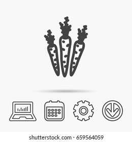Carrots icon. Vegetarian food sign. Natural vegetables symbol. Notebook, Calendar and Cogwheel signs. Download arrow web icon. Vector