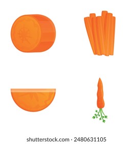 Carrots icons set cartoon vector. Whole and chopped carrot. Food, cooking concept