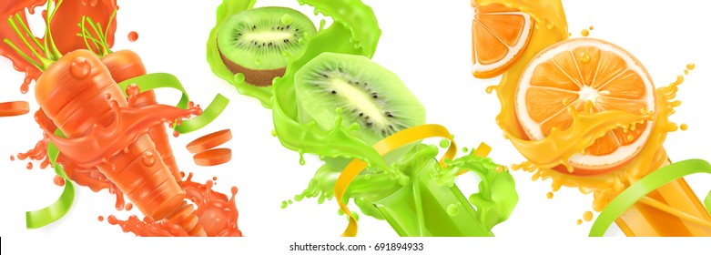 Carrots, kiwi, orange splash of juice. Healthy food, sports and fitness. Natural fruit and vegetables. 3d realistic vector icon set