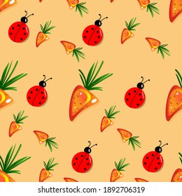 Carrots and ladybugs on an orange background. Seamless natural pattern. Healthy food and ecology. Vector on the theme take care of nature.