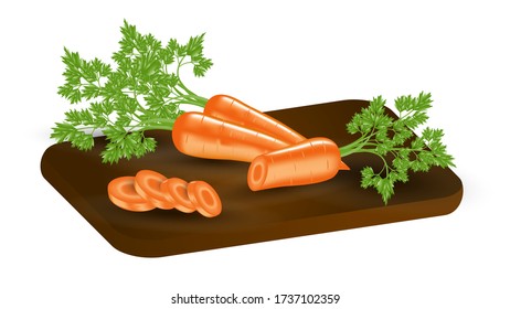 Carrots with leaves and slices on a wooden cutting board. Round carrot slices. Vector realistic illustration 3d