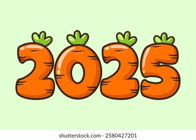 Carrots numbers Inscription 2025, Cartoon Design for greeting card, stickers or calendar