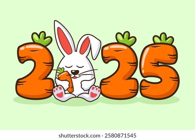 Carrots numbers Inscription 2025 with cute rabbit. Cartoon Design for greeting card, stickers or calendar