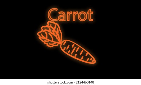 zanahorias sobre fondo negro, ilustración vectorial, neón. naranja, zanahoria larga, neón anaranjado elegante. signo de neón brillante, estilo retro a la moda