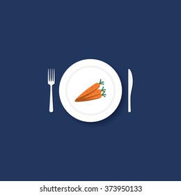 Carrots on plate with fork and knife. Healthy eating symbol in modern flat design. Eps10 vector illustration.