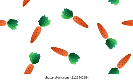 Karotten auf weißem Hintergrund, Vektorgrafik, Muster. helle, orangefarbene, lange Karotten mit üppigem grünem Schwanz, Gemüsepflanze, veganisches Essen. Rohkost. Tapete für Vegan