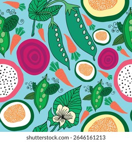 carottes, pois, betteraves, pitaya, fleurs, papaye motif harmonieux. Carottes, papaye, pois gousses, feuilles, thème de potager motif harmonieux
