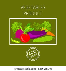 Carrots, peppers, cucumber, eggplant, beetroot, tomato, broccoli, green peas, vegetable set, vector background, fresh vegetables, healthy diet, greeting card
