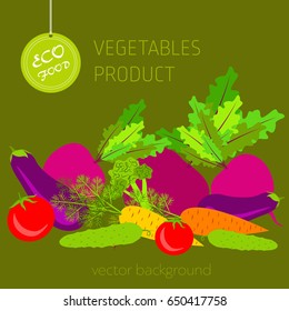 Carrots, peppers, cucumber, eggplant, beets, tomato, broccoli, vegetable set, vector background, fresh vegetables, healthy diet, greeting card