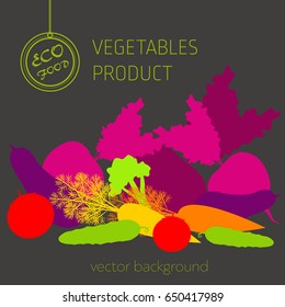 Carrots, peppers, cucumber, eggplant, beets, tomato, broccoli, vegetable set, vector background, fresh vegetables, healthy diet, greeting card