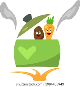 carrots and potatoes cute cartoon characters vegetables are cooked in a pot standing on fire cooking concept on white background
