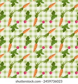 Carrots and radishes on a checkered background.Vector seamless pattern with radishes and carrots on a green checkered background.