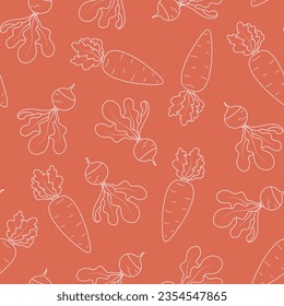 Carrots and radishes seamless pattern. Simple outline vector texture. Cute hand drawn harvest season theme background for packaging, apparel, card, wrapping paper, fabric, wallpaper, textile.