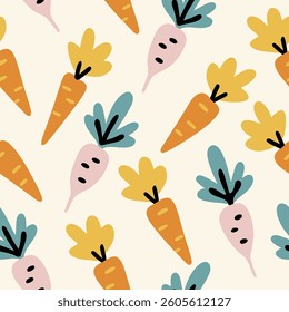 Carrots and Radishes in Soft Colors. Seamless pattern background ideal for wrapping paper, fabric, textile etc.