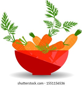 Carrots in a red transparent bowl. Vector graphic illustration with shadow.