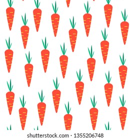 Carrots seamless pattern. Cute orange  flat vegetable with green leaves. Scrapbook, print, textile, fabric design. Vegetarian natural food collection. Vector illustration