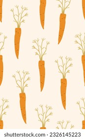 Carrots, seamless pattern. Endless vegetarian print, background design. Healthy vitamin food, repeating texture for fabric, textile, wrapping, wallpaper and decoration. Flat vector illustration