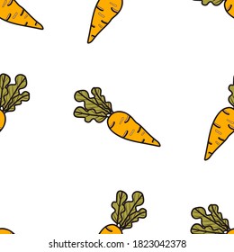 Carrots seamless pattern. A juicy and healthy vegetable. Healthy eating. Orange and green, white background. Colored Doodle style. Vector illustration. For print and web