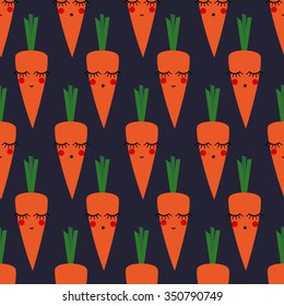 Carrots seamless pattern for kids holidays. Cute baby shower vector background. Child drawing style smiling sleeping vegetables on dark background. Bright  food cartoon  illustration.