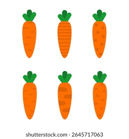 Carrots set with abstract ornament. Vegetables, healthy or vegan food theme. Vector illustration in flat style isolated on white background.