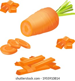 Carrots set for banners, flyers. Half carrot, slice carrot. Diced carrots. Carrots, cut into strips. Fresh organic and healthy, vegetarian vegetables. Vector illustration isolated on white background.