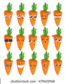 Carrots set of funny smiles. Fruit vegetables and food collection. Vector cartoon illustration. Cute stylish characters.