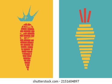 Carrots. Set of posters of vegetables in a abstract draw design. Label or poster, price tag. Simple, flat design.