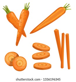 Carrots set. Whole carrots, half slices and carrot sticks. Cartoon flat simple style. Fresh market vegetables. Vector illustrations isolated on white background.