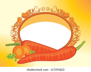 Carrots with slices in the decorative frame. Vector