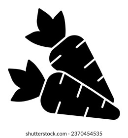 Icono sólido de zanahorias, concepto del Día de Acción de Gracias, símbolo de silueta de zanahoria sobre fondo blanco, icono de dos zanjas en estilo glifo para concepto móvil y diseño web. Gráficos vectoriales