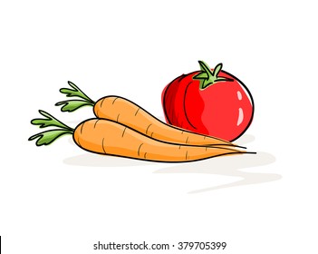 Carrots and Tomato, a hand drawn vector illustration of carrots and a tomato, isolated on a simple background (editable).