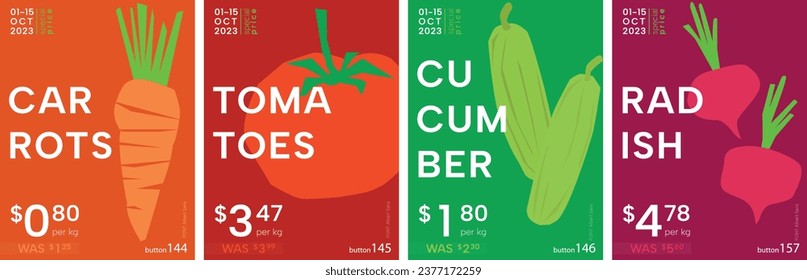 Carrots, tomatoes, cucumber, radish. Vegetables poster set in flat colourful design. Price tag, label or poster. Flat vector illustration.