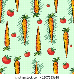 Carrots and tomatoes seamless pattern on light green polkadot background perfect for wallpaper, texture, fabric, and printed