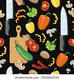 Carrots, tomatoes,, sweet pepper, zucchini, broccoli seamless pattern. Vegetable cooking surface pattern design. Healthy vegetarian food background