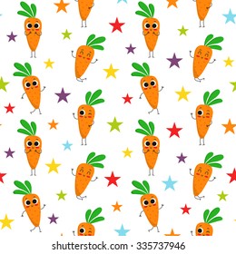 Carrots, vector seamless pattern with cute vegetable characters and colorful stars isolated on white