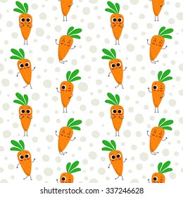 Carrots, vector seamless pattern with cute fruit characters on dotted background