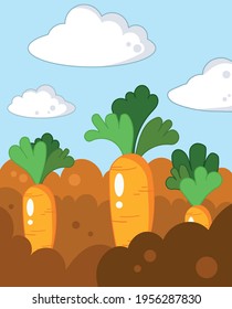 Carrots vegetable growing in organic soil on the farm. Cartoon flat vector with a nice weather, blue sky, white clouds. Gardening and farming hobby.