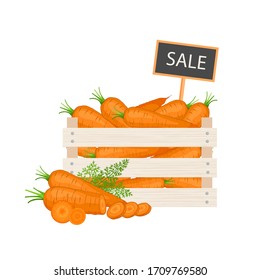 Carrots in a wooden box with a sign for the price. Selling organic farm-grown organic vegetables. Vector illustration on the theme of harvest, festivals and fairs.