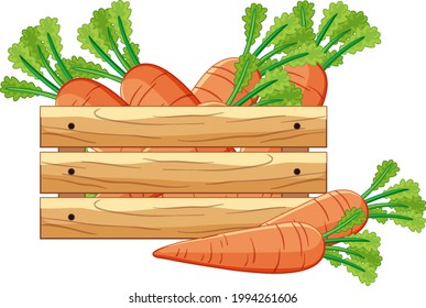 Zanahorias en un cajón de madera con forma de caricatura ilustración aislada