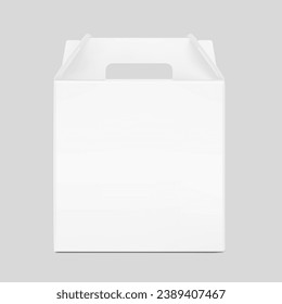 Carry box with handle for transport and sell your quality product mockup. Vector illustration isolated on grey background. Easy to use for presentation your product, idea, promo, design. EPS10.