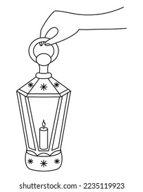 Carry a Christmas lantern in your hand. Sketch. In the palm of your hand, hold a glass lamp with a burning candle inside. Snowflake decoration. Vector illustration. Doodle style. Old fashioned lamp. 