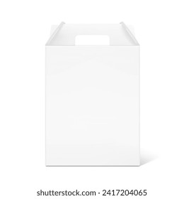 Carry craft box with handle for transport and sell your quality product mockup. Vector illustration isolated on white background. Easy to use for presentation your product, idea, promo, design. EPS10.