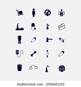 carry, human, ball, enter card, pill. thermometer, ticket, blender, pin, moon and sun, bone, clock, arrest, iron icons vector set illustration