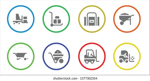 carry icon set. 8 filled carry icons.  Collection Of - Forklift, Wheelbarrow, Sport bag