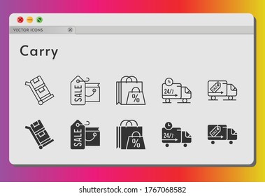 carry icon set. included shopping bag, delivery truck, trolley icons on white background. linear, filled styles.